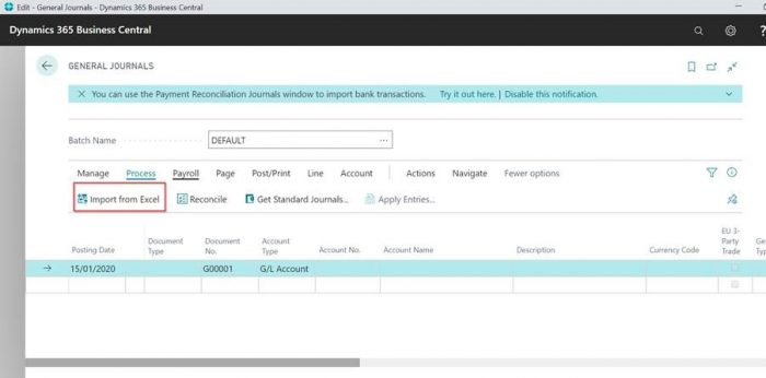 excel import to GL add ons